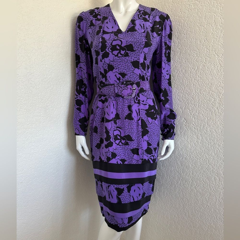 80s Dress Vintage Purple & Black Floral Long Sleeve Midi Dress